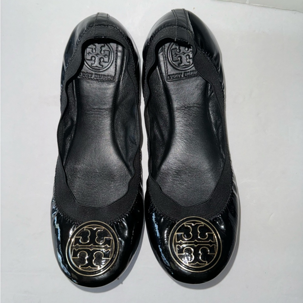 Tory Burch Black Patent Leather Caroline Ballet Flats Ladies 8.5 Elastic